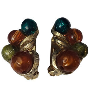 Vtg Kramer NY Beaded  Clip Earrings Signed